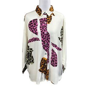 Parfois Artsy Abstract Leopard Print Button Up Semi Sheer Shirt Blouse Sz M